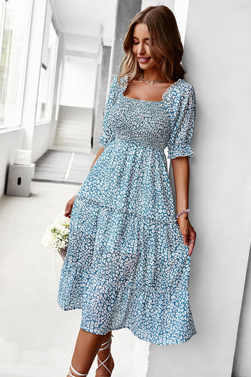 Vestido de Verano Azul Cuello Cuadrado